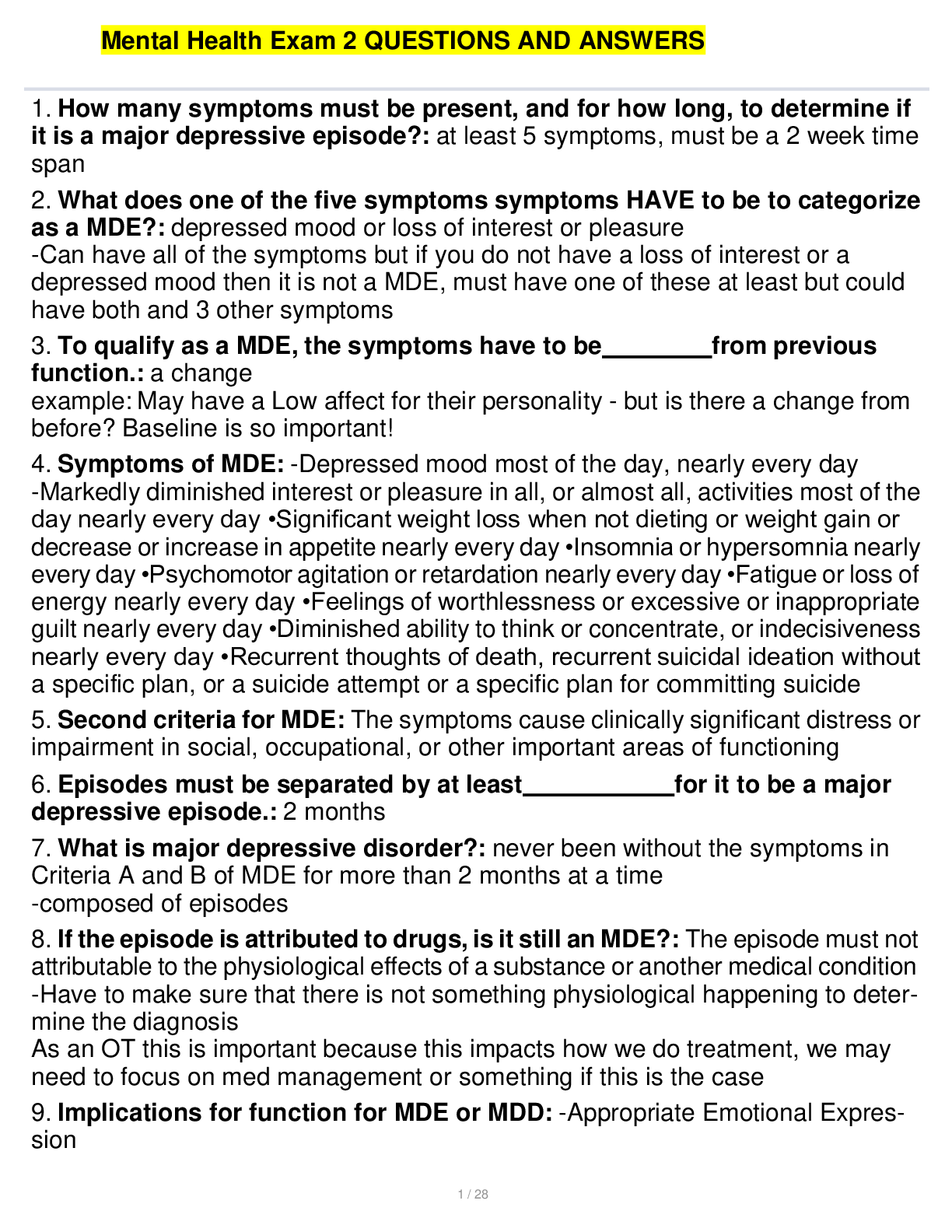Preview image for Mental Health Exam 2 QUESTIONS AND ANSWERS